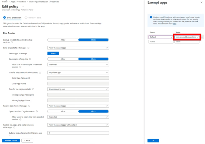 Example for adding the Android exemption