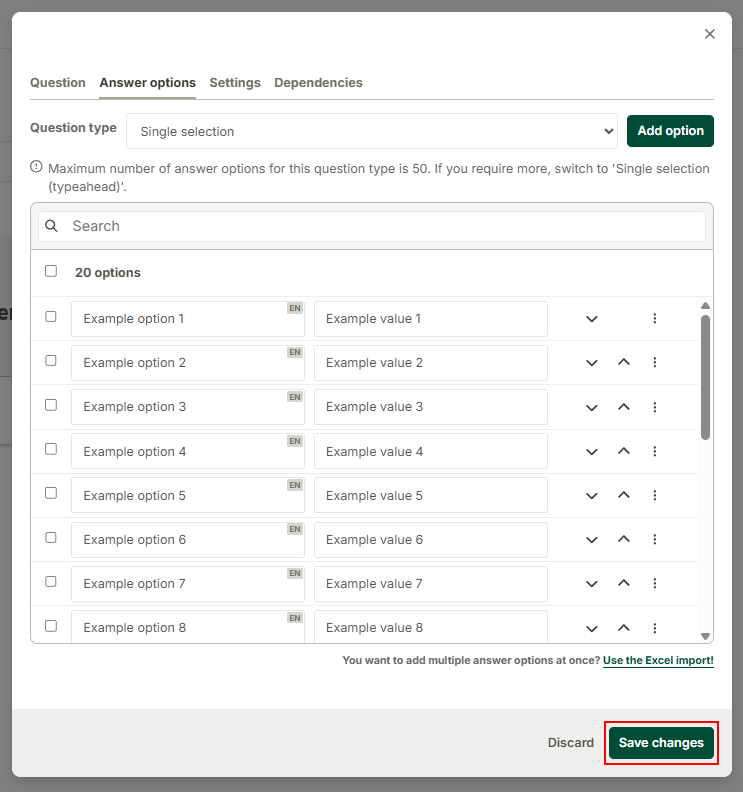 Excel template for importing answer options