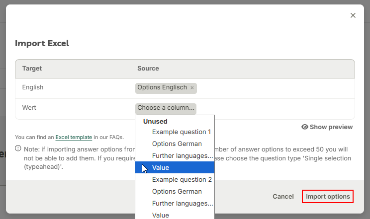 Excel template for importing answer options