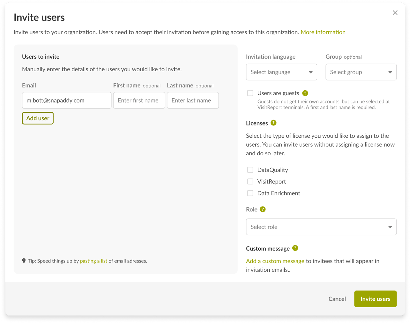 How do I add a custom message to user invitations?