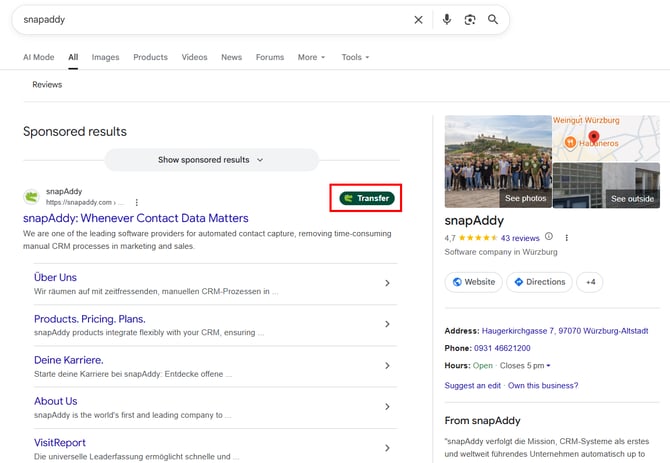 Google search result for snapAddy with the highlighted Transfer button of the snapAddy browser extension